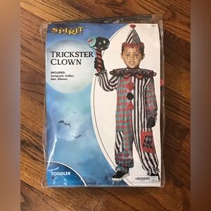 Spirit Halloween Trickster Clown Costume 
Jumpsuit Collar Hat Gloves Hammer Tool